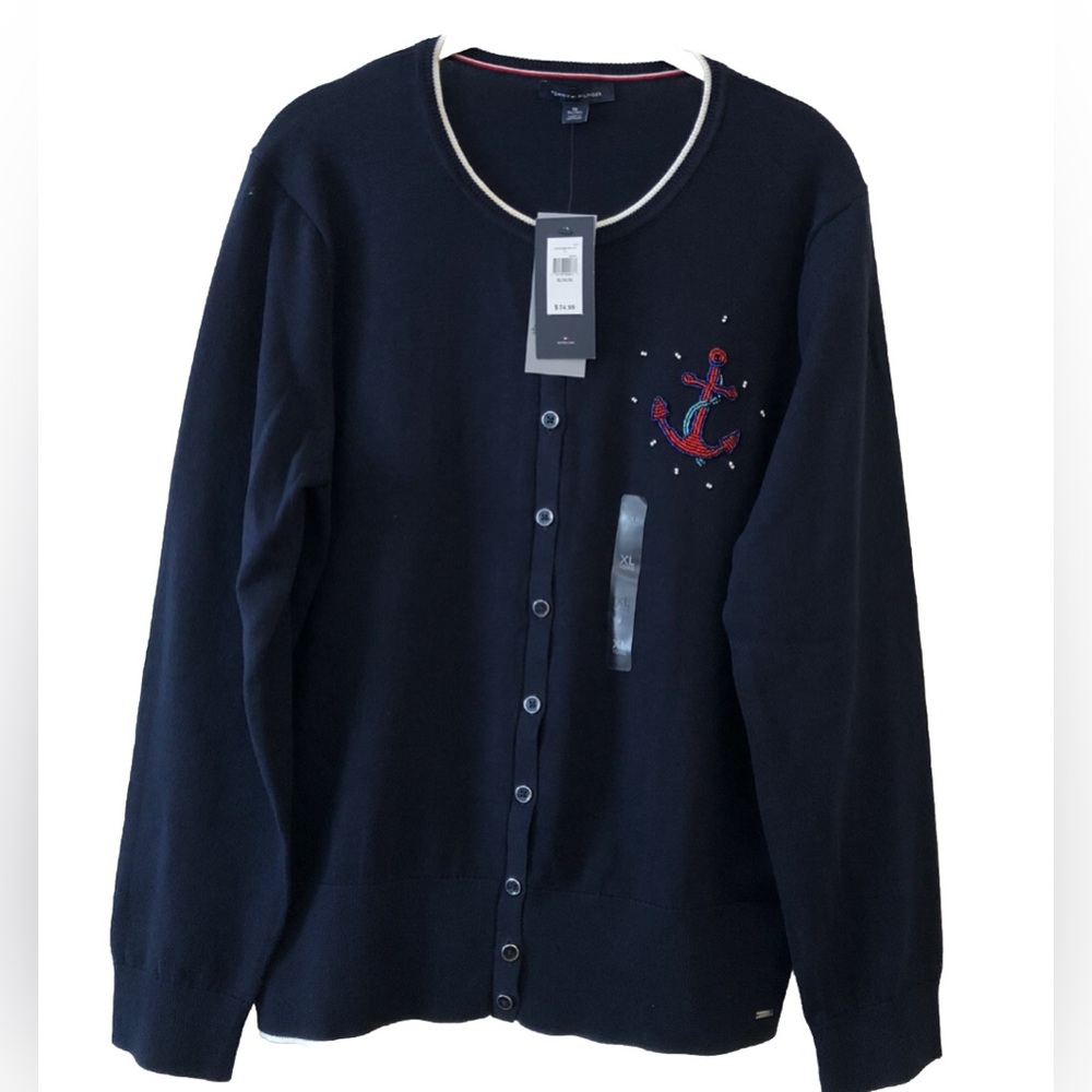 Tommy Hilfiger Navy Blue Button Down Cardigan w/ Beaded Anchor Emblem Size XL